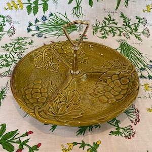Vintage Midcentury Modern Maddux of California Avocado Green Divided Serving Dish With Grapes, Leaves and Vines Design and Gold Handle