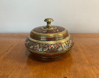 Vintage Solid Brass Decorative Bowl & Lid Hand-Engraved in India with Red and Dark Blue Enamel Paint