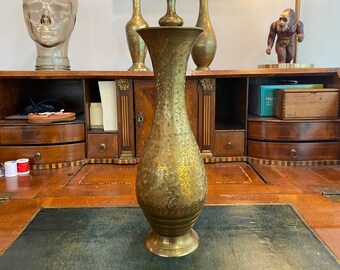 Vintage 13.25-inch Big + Chunky Solid Brass Floral and Leaf Etched Vase Made in India