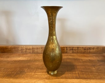 Vintage 11-inch Solid Brass Floral and Leaf Etched Vase Made in India