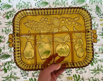 Vintage Amber Indiana Glass Fruit Embossed 5-Section Divided Serving Tray