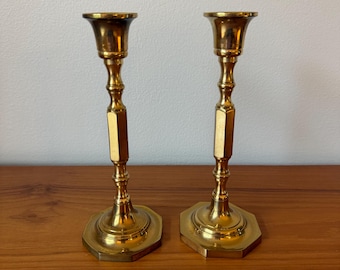 Pair of Vintage Solid Brass 7.75-Inch Candlestick Holders Made in Hong Kong