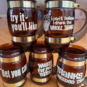 Vintage 1960s Siesta Ware Wood-Handled Amber Barrel Beer Mugs Made in USA - Sold Individually