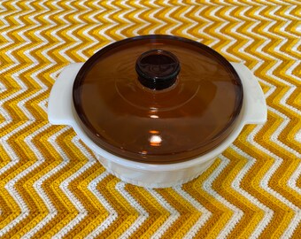 Vintage 1970s Fire King Casserole Dish: 2-QT Milk Glass With Amber