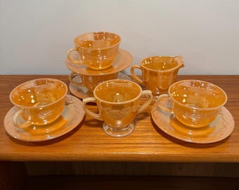 Vintage 1950s Fire King Peach Lustreware Laurel Leaf 10-Piece Coffee and Tea Serving Set