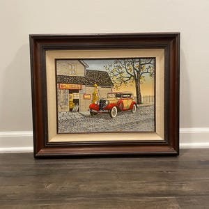 Vintage H Hargrove emoldurado assinado serigrafado cena de posto de serviço de automóvel 23,5 x 19,5