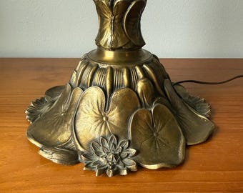 Vintage Midcentury Art Nouveau Excelsior Cast Metal Table Lamp, Lily Pad and Lotus Flower Detail, Brass Finish