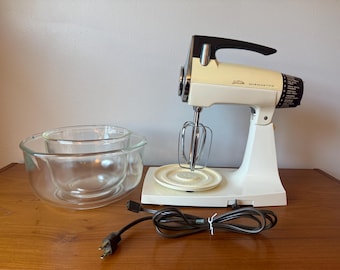 Vintage Sunbeam Mixmaster 12-Speed Stand Mixer, Fire-King Glass Bowls
