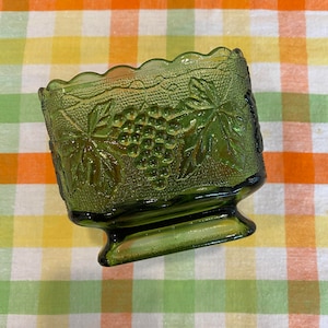 Vintage 1960s Anchor Hocking Avocado Green Glass Pedestal Candy Dish - Grapes and Leaves Pattern