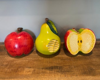 Vintage BIG Ceramic Fruit Wall Art - Red Apples and Green Pear - Set of 3