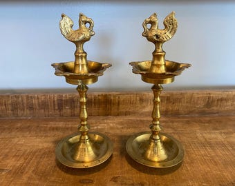 Vintage Brass Peacock Diya Kuthu Vilakku Traditional Hindu Oil Lamps