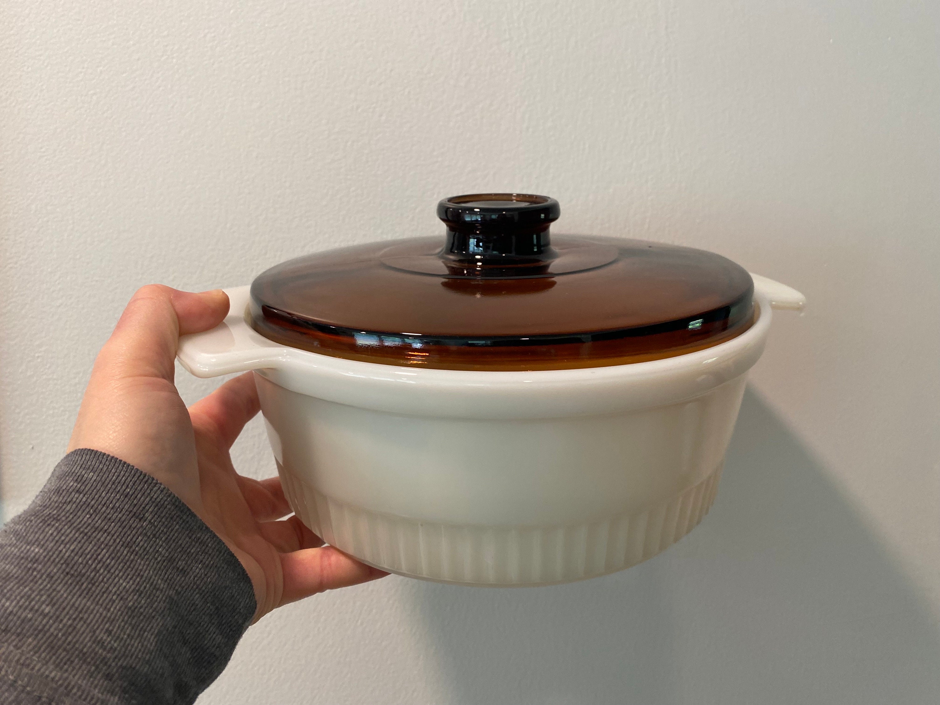 Vintage 1970s Fire King Casserole Dish: 2-QT Milk Glass With Amber
