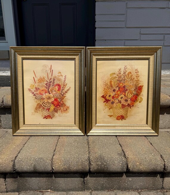 Vintage 1970s Framed Autumn Florals Prints Signed Robert Laessig