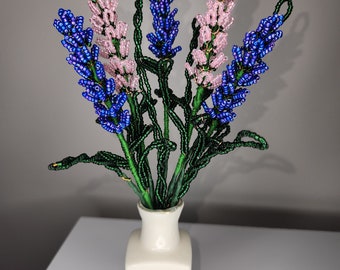 French Beaded Mini Pink & Purple Lavender Flowers with Small Vase