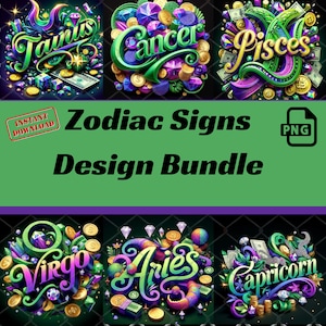 Pakiet znaków zodiaku Sublimacja PNG Design - Dostosowywalna grafika cyfrowa na koszulki, kubki, prezenty urodzinowe - Plik graficzny o tematyce astrologicznej