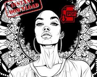 Página para colorear de mujer negra: Arte afro mandala (descarga PNG instantánea)