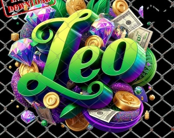 Leo Zodiac PNG: 3D Art, Greens, Purples, Gold (Digital Download)