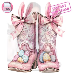 Rosa Osterhase Stiefel PNG, Ostern Clipart, süße Cowgirl Stiefel mit Eiern, Land Frühling digitaler Download, Aquarell Ostern Sublimation