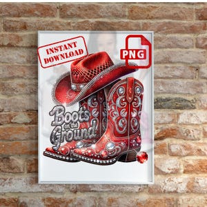 Stivali a terra PNG - Stivali da cowboy e cappello rossi scintillanti digitali, design glitterato con strass western, clipart di sublimazione country per magliette