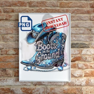 Stivali a terra PNG / Stivali western blu e cappello da cowboy Clipart / Design digitale con glitter in strass / Sublimazione digitale Country Bling