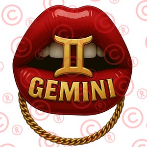 Zwilling Sternzeichen PNG | Glänzende rote Lippen Gold Kette Gemini Clipart | Gemini Sublimationskunst für Shirts & Tumbler