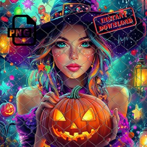 Colorful Halloween Witch Art Print: Spooky Pumpkin Decor (Digital Download)