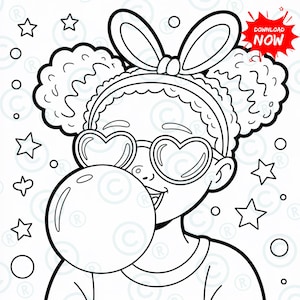 Può includere: Illustrazione in bianco e nero di una persona che soffia una bolla. La persona indossa occhiali da sole a forma di cuore e una fascia con orecchie da coniglio. L'immagine include stelle, cerchi e il testo "DOWNLOAD NOW".