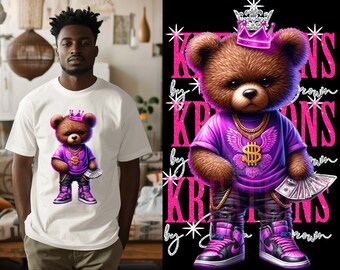 Airbrush Teddy Bear PNG: Street Style with Crown & Gold (Digital Download)