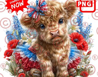 Vaca patriótica de las Tierras Altas PNG: Clipart del 4 de julio (Descarga instantánea)
