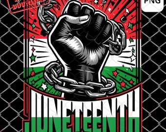 May include: A graphic design featuring a raised fist breaking free from chains, with a red, white, and green background. The text "Juneteenth" is written in bold, green letters.