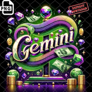 Op de afbeelding: Een 3D-illustratie van het woord "Gemini" in gouden letters met paarse en groene glitter. Het woord is omringd door dollarbiljetten, groene en paarse edelstenen en gouden munten. Het woord staat op een zwart voetstuk met een gouden top en een discobal bovenop het voetstuk.
