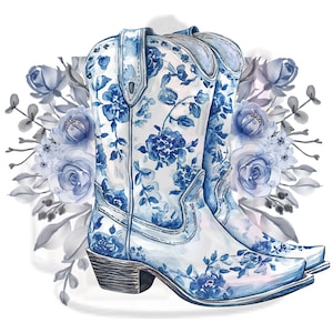 Bottes de cowboy fleuries bleues PNG - Clipart aquarelle Western, sublimation pays, téléchargement numérique rodéo, décoration de ferme rustique