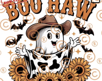 PNG de fantasma con estampado de vaca: Vaquero de Halloween del oeste, girasol en otoño (descarga digital)