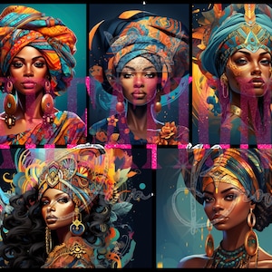 Puede incluir: Un collage de cuatro pinturas digitales que representan mujeres con elaborados turbantes y joyas. Las mujeres se representan con piel oscura, ojos brillantes y maquillaje audaz. Los fondos son coloridos y abstractos, con patrones geométricos y motivos florales.