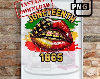 May include: A digital illustration of a red, white, and blue lips with gold teeth and dripping gold paint. The lips are set against a green, yellow, and red background with the text "Juneteenth 1865".