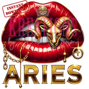 Könnte beinhalten: Rote Lippen mit einem goldenen Widderkopf im Inneren, der Gold tropft, mit einer goldenen Kette und dem Wort "ARIES" in goldenen Buchstaben.