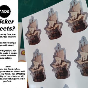 May include: A sheet of stickers featuring a detailed illustration of a tall ship with sails. The stickers are cut in the shape of the ship. Text on the left side reads "Sticker Sheets?" and other details about the stickers.