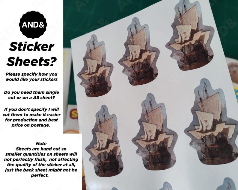 May include: A sheet of stickers featuring a detailed illustration of a tall ship with sails. The stickers are cut in the shape of the ship. Text on the left side reads "Sticker Sheets?" and other details about the stickers.