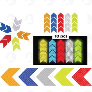 May include: Ten reflective arrow stickers in various colors, including yellow, blue, red, white, and green. The stickers are designed to be used as safety markers on bicycles, motorcycles, or other vehicles.
