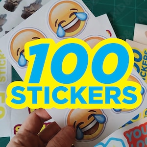 May include: A collection of stickers featuring a laughing emoji with tears, and the text "100 Stickers" in blue and yellow. Other stickers include the text "50 Stickers" and a logo.