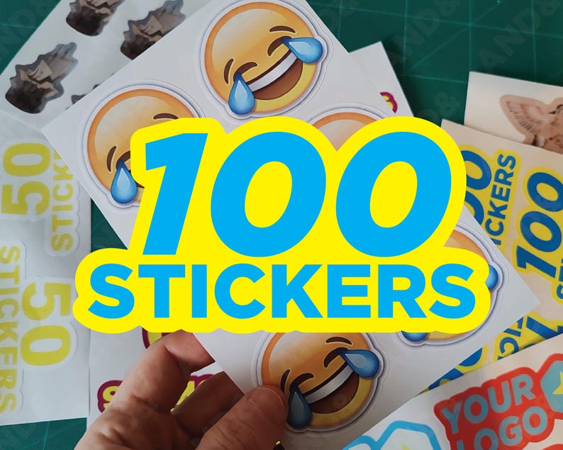 May include: A collection of stickers featuring a laughing emoji with tears, and the text "100 Stickers" in blue and yellow. Other stickers include the text "50 Stickers" and a logo.
