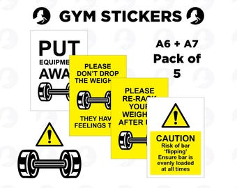 Gym Safety Stickers, Workout Decal, Fitness Equipment Warning (Pack of 5)