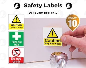 Waterproof Safety Warning Stickers - First Aid, Caution (Pack of 10)