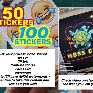 May include: A collection of stickers with various designs, including a crying laughing emoji and a cartoon character. The image also displays text promoting a process video on social media platforms like TikTok and Instagram.