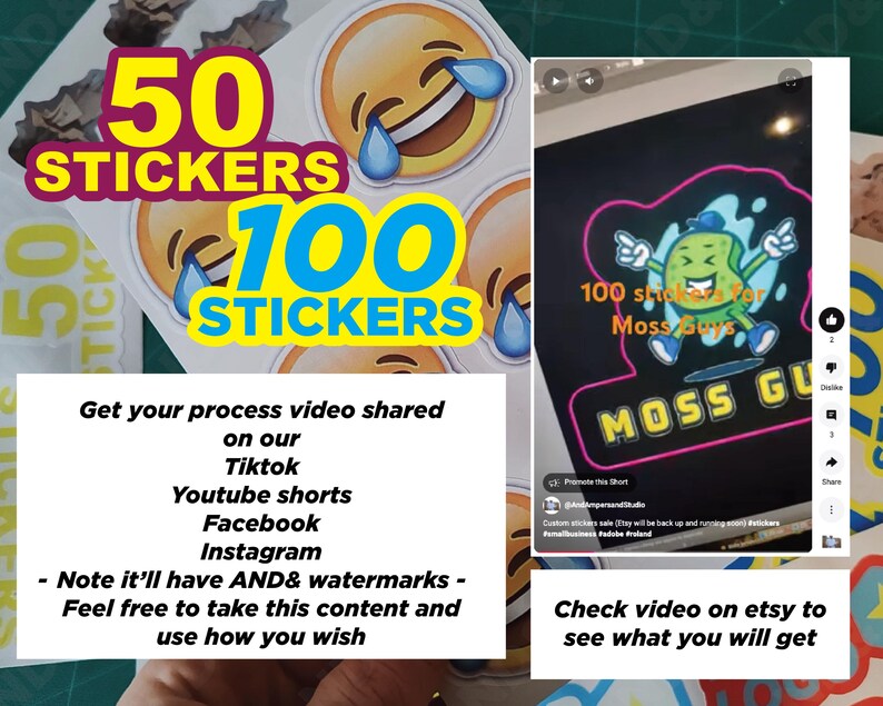 May include: A collection of stickers with various designs, including a crying laughing emoji and a cartoon character. The image also displays text promoting a process video on social media platforms like TikTok and Instagram.