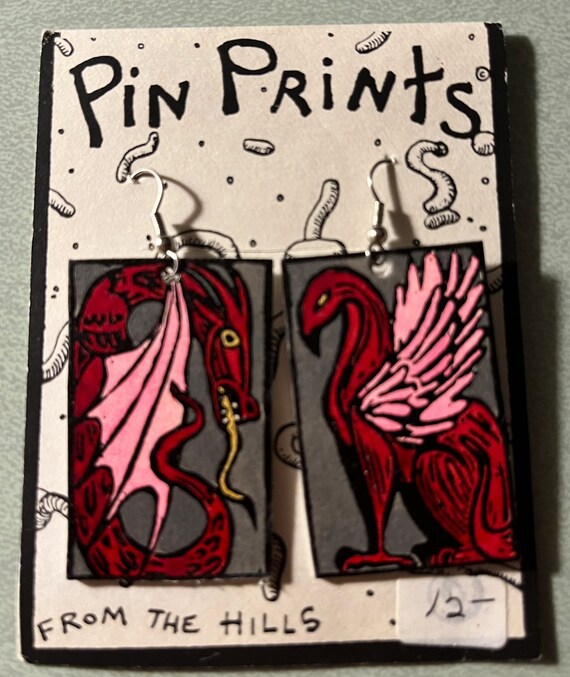 DRAGON/GRIFFIN EARRINGS Hand Printed and Painted B