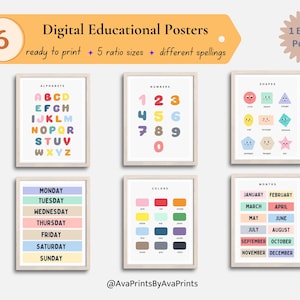 Ensemble d'affiches éducatives, 6 impressions d'école à la maison, décoration de salle de jeux pour tout-petits, affiches de salle de classe, affiches abc, impressions d'apprentissage, téléchargement numérique
