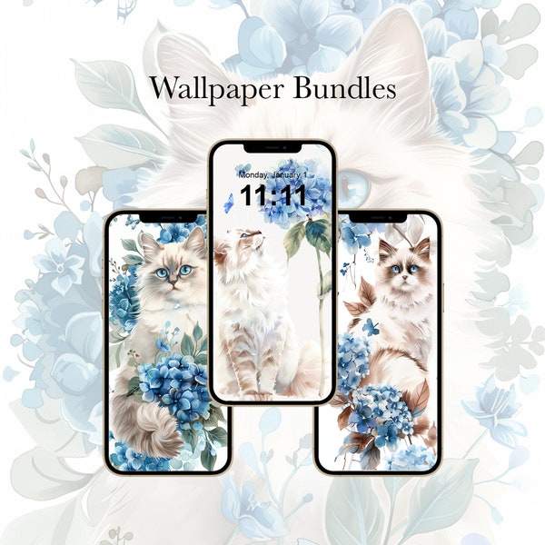 3 Smartphone wallpaper, Cute Ragdoll kitties, iPhone background, Cat and Flower, Cat and Hydrangea