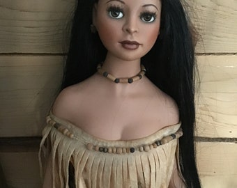 Enchanting native princess porcelain doll real leather dress