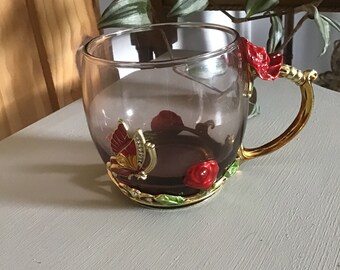 Wunderschöne Teetasse Glas Glas und Metall Schmetterling Rosen